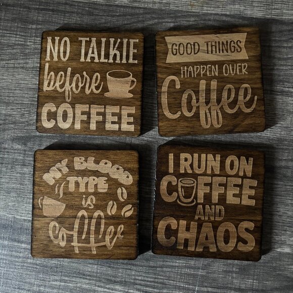 💬 Funny Coffee Coasters – Handmade Wood Set of 4 - Picture 1 of 1